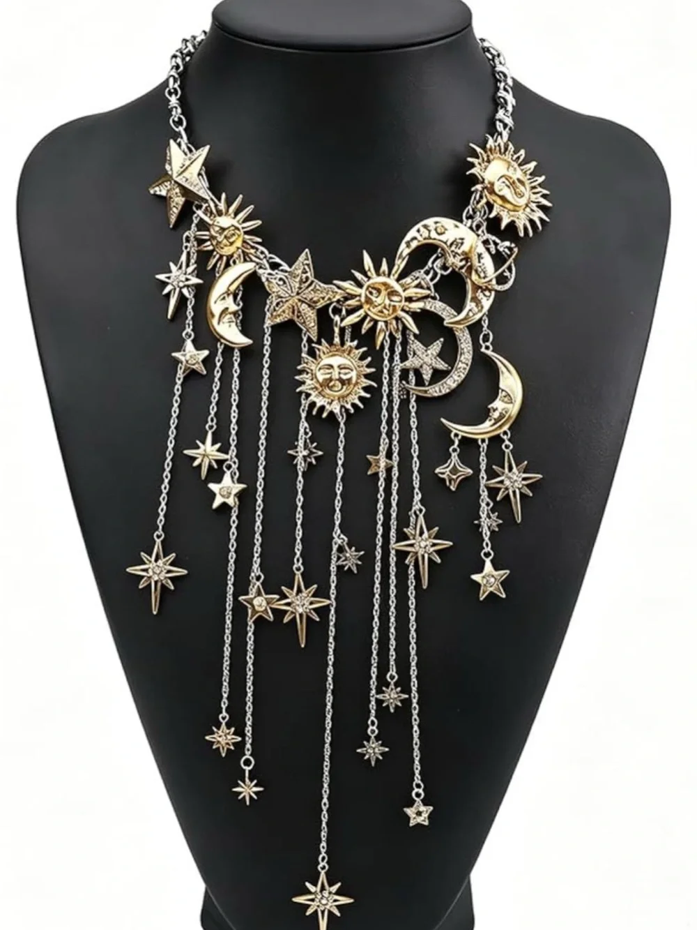 Celestial Silver and Gold Statement Necklace - Star & Moon